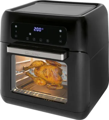 A black Clatronic air fryer oven with a whole chicken roasting inside.