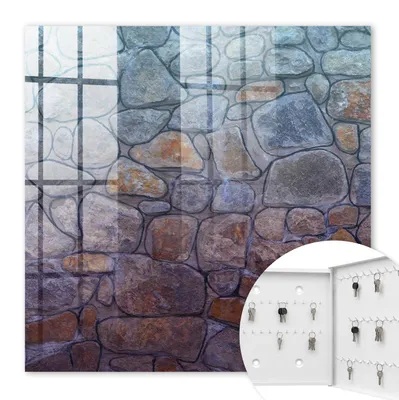 Produktbild von Metall Schlüsselkasten 30 x 30 cm - weißer Schlüsselschrank zur Wandmontage - wandhängende Schlüsselbox mit Tür - rechts öffnend - Schlüsselaufbewahrung für Flur - Büro - Arbeitszimmer - Werkstatt - Garage - Steintextur