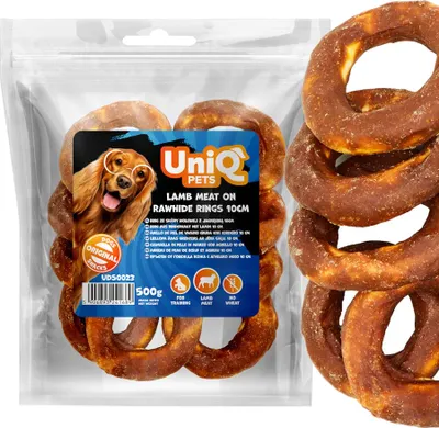 Image de UniQ Pets Anneaux de bœuf avec friandises à l'agneau pour chiens 500 g