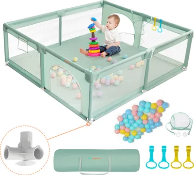 Produktbild von Baby-Laufstall, Kinderzaun mit Antikollisionsschaumbarriere mit atmungsaktivem Netz, Kinder-Sicherheitsspielplatz, Größe: 180x200x66cm, Grün