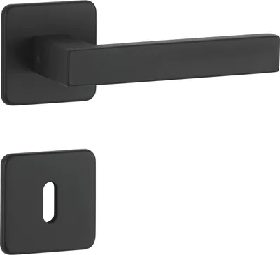 A black door handle set with a keyhole escutcheon plate, presented on a white background.