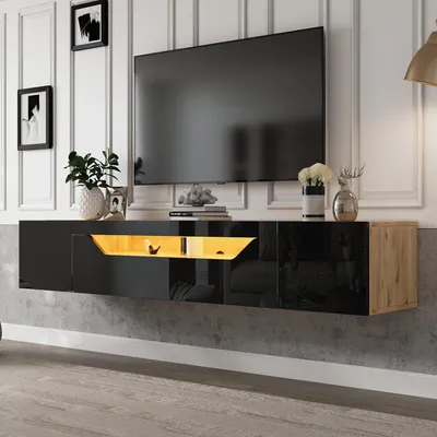 A modern, wall-mounted TV cabinet with LED lighting.