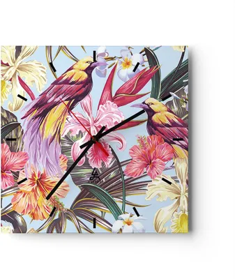 Produktbild von Wanduhr - Quadrat - Glasuhr - Blume Vogel Sommer - 30x30cm - Schleichendes Uhrwerk - Lautlos - zum Aufhängen bereit - Dekoration Modern - Wanddekoration aus Glas - C3AC30x30-3485