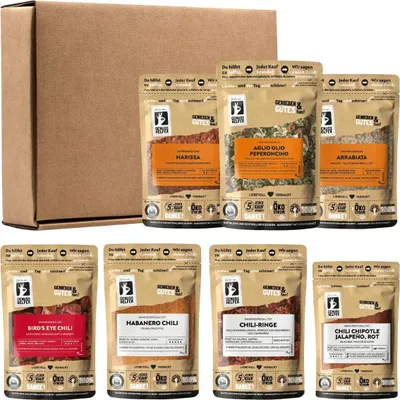 Immagine prodotto di Scatola Enjoyment Momenti caldi, con peperoncino, 7 pezzi, set di spezie, spezie piccanti, set regalo, 450g