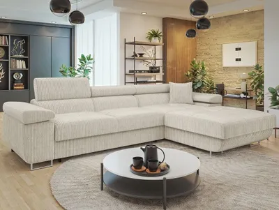 Immagine prodotto di MIRJAN24 Divano ad angolo Torezio Mini Cord, elegante divano ad angolo con contenitore e funzione letto, poggiatesta regolabili, 280x170x70-90 cm (Colore: Poso 100, Lato: destro)