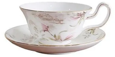 Obrázok produktu pre Sada šálok a podšálok, 250 ml, ružová, s kvetinovým motívom, zlatý okraj, porcelán