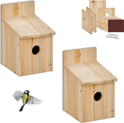 Produktbild von Relaxdays Nistkasten Bausatz für Vögel, 2er Set, 35 mm Einflugloch, HBT 23x14x18 cm, Vogelhaus selber Bauen, Holz, natur