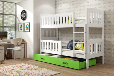 Produktbild von Kinderhochbett mit Stauraum und Matratzen 80x190 BRIGID – Weiß / Grün
