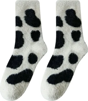 Produktbild von 1 Paar Winter-Bodensocken mit Cartoon-Kuh-Dinosaurier-Aufdruck, farblich passende dicke Fleece-Mittelröhre, rutschfest, elastisch, warm, weich, Knöchelschutz, Damensocken
