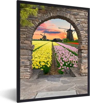Produktbild von MuchoWow® Gerahmtes Poster Tulpen - Blumen - Mühle - Ansicht 60x80 cm - Poster mit Schwarzem Bilderrahmen Wandposter Rahmen Foto Bilder - Premium - Wanddeko Wohnzimmer