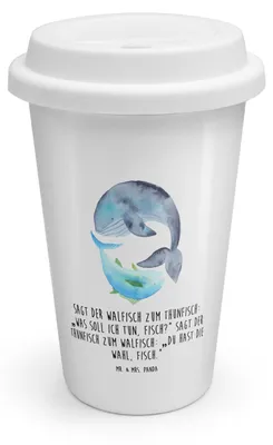 Produktbild von Mr. & Mrs. Panda To Go Becher Walfisch Thunfisch - Weiß - Geschenk, Tunfisch, Spruch Lustig, Wahl, Des Tages, Lustige Sprüche, Witz, Wal, Kaffeebecher, ToGo, Thermobecher