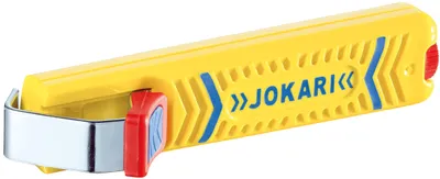 A yellow wire stripper tool with blue accents and red details, branded JOKARI, is shown against a white background.