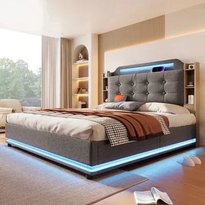 Image de Lit double tapissée de 140x200 cm avec éclairage LED et espace de rangement à mécanisme hydraulique