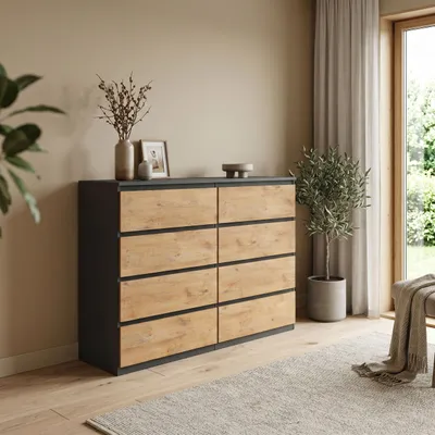 Produktbild von Masseno Kommode NUDO 120 cm Sideboard mit 8 Schubladen und  Türen für Wohnzimmer Schlafzimmer Modern 120x39x101,5 cm Anthrazit / Eichefarben