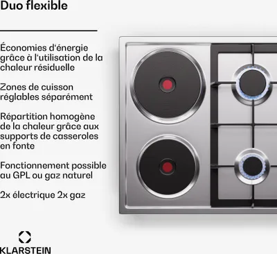 Image de Klarstein MultiChef 4 Plaque De Cuisson Gaz Et Électrique - 4 Zones, 6300W, Acier Inoxydable, Allumage Automatique, Sécurité Enfants, Compatible Gaz Naturel & Gpl, Facile À Nettoyer, 58X8X50Cm