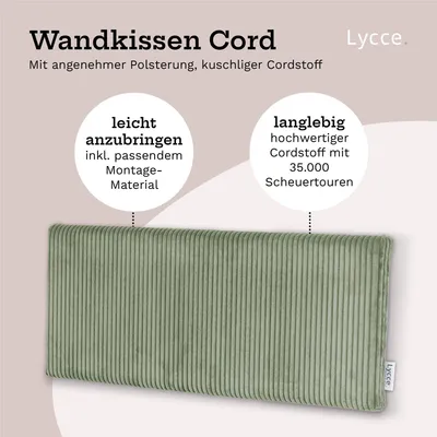 Image de Coussin mural Lycce en velours côtelé – Tête de lit rembourrée et coussin de dossier pour banc | Confortable et stable | Montage facile | Panneaux muraux rembourrés | Chambre à coucher et salon | Velours côtelé, couleur : sauge