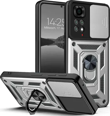 A product shot of a phone case with a ring stand and camera cover.