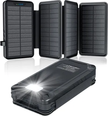 Immagine prodotto di Banca di energia solare 26800mAh, caricatore solare elzle con 2 uscite USB-A e 1 ingresso USB-C, batteria esterna impermeabile all'aperto con 4 pannelli solari e torcia per smartphone e tablet in campeggio