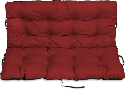 A red bench cushion with tufted detailing, shown flat against a white background.