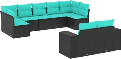 Image de vidaXL Ensemble de 9 canapés de jardin avec coussins, polyrattan noir