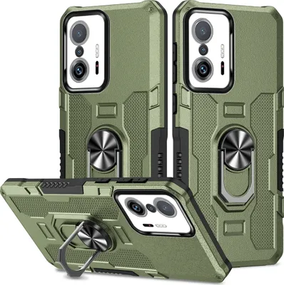 Produktbild von Xiaomi 11T Pro Hülle, Dual Layer Robuste Rüstung Ringhalter Ständer Schutzhülle für Xiaomi 11T / 11T Pro Grün