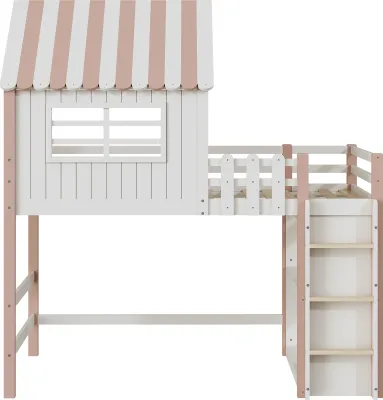 Produktbild von Merax Etagenbett Hochbett mit Ablagefach und Leiter, Kinderbett mit Rausfallschutz und Lattenrost, Massivholzbett Jugendbett mit Dachform und Fenster