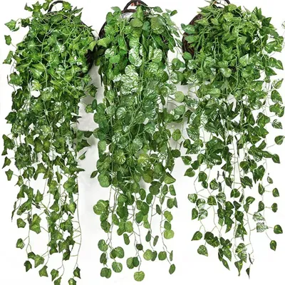 Image de 3 plantes suspendues artificielles différentes, des plantes artificielles aux feuilles de formes variées, pour la décoration d'intérieur et d'extérieur.