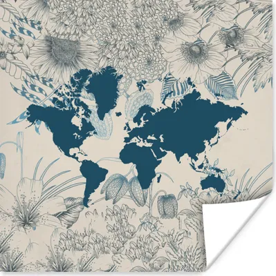 Produktbild von MuchoWow® Poster Weltkarte - Blume - Blau 75x75 cm - Wand Dekoration