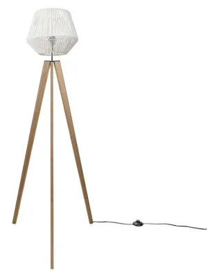 Produktbild von Stehlampe Modern Wohnzimmer Schlafzimmer Rattan Optik Boho Korb Stehleuchte E27 Lampenschirm  Weiß (Ø33 cm) Lampenfuß  Stehleuchte Holz