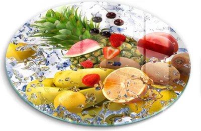 Produktbild von Glasschneideplatte - Herdabdeckplatte - fi40 cm -Schneidebrett - Spritzschutz - Saftige Früchte und Wasser
