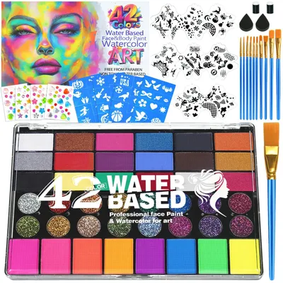 Produktbild von Gesichtsfarbe Kinderschminke Set,42 Farben Kinderschminken Set,Schminke Kinder mit 11 Pinsel,Gesichtsfarben Kinderschminken,Make Up Theaterschminke fuer Halloween Ostern Weihnachten Fasching Karneval,Schwarz