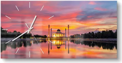 Produktbild von DEQORI Glasuhr 60x30 cm Modern 'Moschee im Abendpanorama' Wanduhr Glas Uhr Design leise