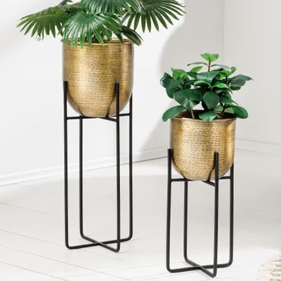 Produktbild von 2er Set Blumentopf UNIT 70/50cm gold schwarz Metall Hammerschlag Design