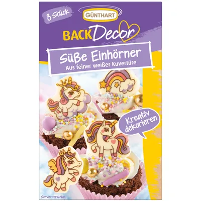 A product package for cake decorations featuring unicorn designs.