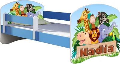Produktbild von ACMA Jugendbett Kinderbett Junior-Bett Komplett-Set mit Matratze Lattenrost und Rausfallschutz Blau 02 Animals Name 140x70