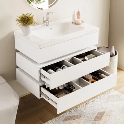 Obrázek produktu pro okwish Koupelnová skříňka pod umyvadlo nástěnná s LED osvětlením s keramickým umyvadlem a zásuvkami s tichým dovíráním pro koupelnu bílá