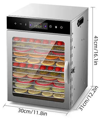 Produktbild von Dörrgerät - Lebensmittel Dehydrator für Obst, Gemüse und Jerky - 800 W - Temperatur 30–90 °C - 24 h Timer - Edelstahl - EU Stecker - 12 Ebenen