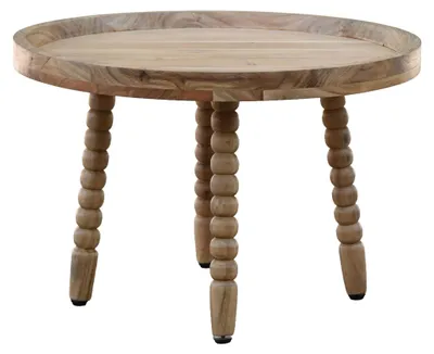 Couchtisch Akazie 60 cm Rund mit Massivholz-Tischplatte und drei gedrechselten Holzbeinen in Gesamtansicht.