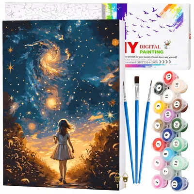Produktbild von EDIBAZZAR | Malen nach Zahlen mit Rahmen, 40 x 50 cm Leinwandbild „Mädchen unter den Sternen“