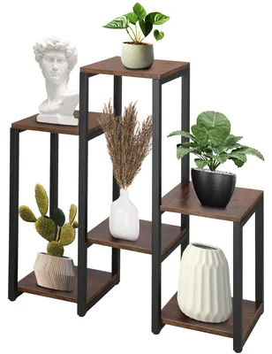 Productafbeelding van Plantenrek | Plantenstandaard | Plantentrap | 6 Niveaus | Metaal | Hout | Zwart | Donkerbruin