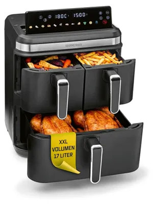 Produktbild von GOURMETmaxx Heißluft-Fritteuse 3000W LB8 schwarz/Edelstahl 17l 3 Frittierkammern
