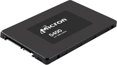 A black Micron 5400 PRO 960GB SATA 2.5 SSD is shown from a diagonal angle against a white background.
