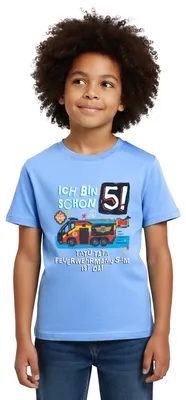 Produktbild von Spreadshirt Feuerwehrmann Sam Geburtstagsdesign 5 Jahre Kinder T-Shirt, 110/116 (5-6 Jahre), Himmelblau