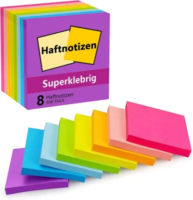 Zdjęcie produktu dla Notatki samoprzylepne, 8 kolorów, 76x76 mm, 656 arkuszy, samoprzylepne, do użytku w biurze i szkole