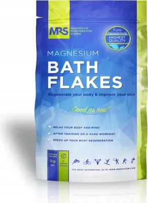 A bag of magnesium bath flakes with product information and branding.