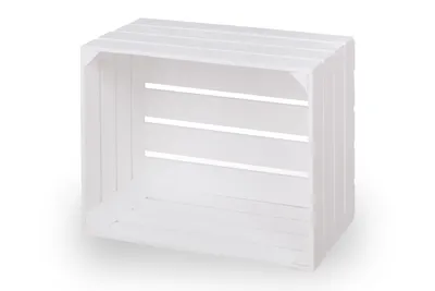 A white wooden crate is shown against a white background.