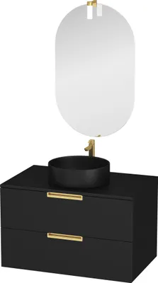 Image de Meuble Salle de Bains 80cm Noir Mat et Or Doré 2 Tiroirs - Vasque Noire - Miroir & Applique Led