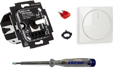 Produktbild von Busch Jäger 6523U-102 LED-Drehdimmer LED-Dimmer mit Dimmerscheibe Zentralplatte 2115-914 in Balance Si alpinweiß glänzend inklusive EBROM Phasenprüfer zur Montage des Dimmers (6523 U – 102)