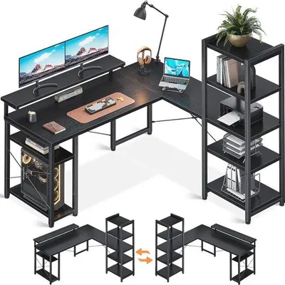 Productafbeelding van Bureau met boekenplank en verstelbare monitorstandaard - Ideaal voor thuis en op kantoor