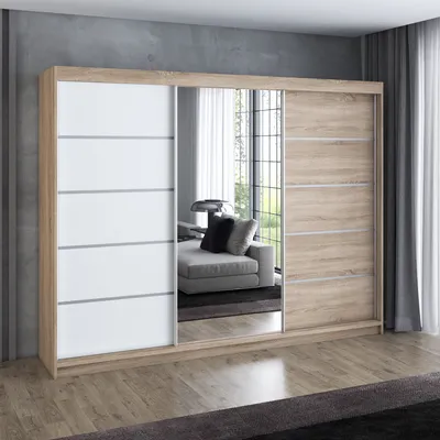 Produktbild von Schwebetürenschrank 200 cm, 3-türig, mit Spiegel & 4 Schubladen, Retro-Stil, modern, in Weiß/Schwarz/Sonoma – Kleiderschrank VILUNO 1
